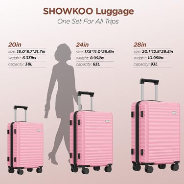Набір валіз SHOWKOO 5 в 1: легкі, з жорсткою обшивкою, розширювані. Ідеальний для подорожей! В комплекті: велика валіза, середній, маленький, сумка та органайзер для туалетних аксесуарів. (Рожевий)
