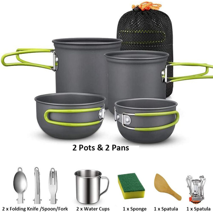 Набір кухонного посуду DUOJIN для кемпінгу на 2-3 особи: алюмінієвий посуд для приготування їжі на природі, портативний набір каструль та сковорідок для кемпінгу, пікніків та походів