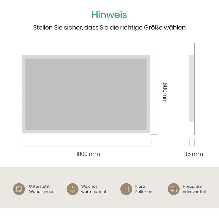 Дзеркало для ванної кімнати EMKE® з підсвічуванням 80x60 см, тепле біле світло 3000K, вимикач, вертикальна/горизонтальна установка, IP44, енергозберігаюче