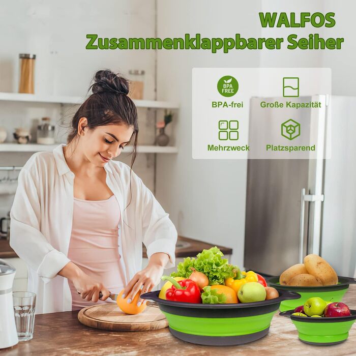 Дуршлаг силіконовий розкладний WALFOS, набір 3 шт (24.6+29.2+34 см), блакитний/зелений - для овочів, фруктів, макаронів