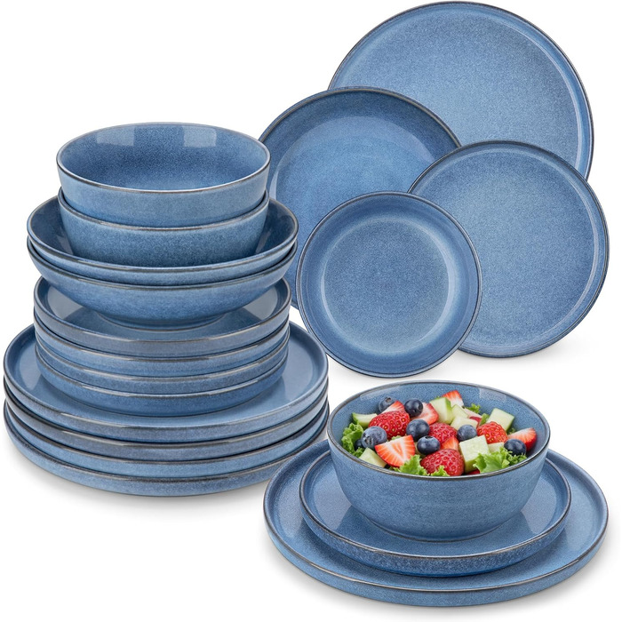 Набір посуду Steingut vancasso ANYA (24 шт.) - синій, сучасний, для 6 осіб, з тарілками, суповими тарілками, десертними тарілками та мисками. Можна мити в посудомийній машині та використовувати в мікрохвильовій печі.