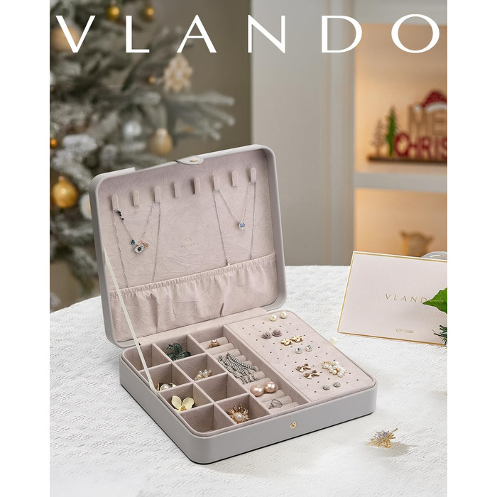Скринька для прикрас Vlando Aulinna, органайзер для жінок, подарунок, коробка для ювелірних виробів, шкіряна скринька для сережок, ланцюжків, браслетів, кілець (кремово-сірий)