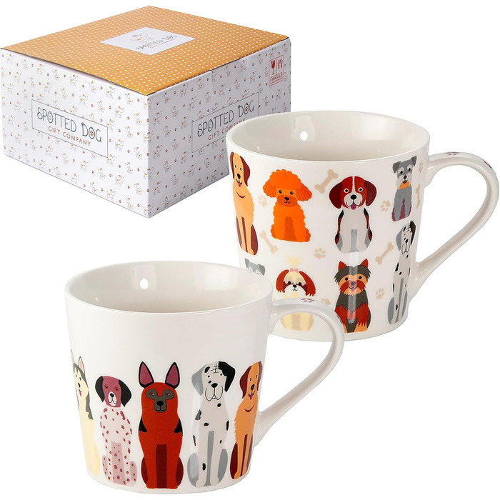 SPOTTED DOG GIFT COMPANY Coffee Mug with Dog Motif, Ceramic Mug Set, Cute Coffee Cups, Dog Kitchen Accessories, Gifts for Dog Lovers, Dog Mom, 2 x 380ml