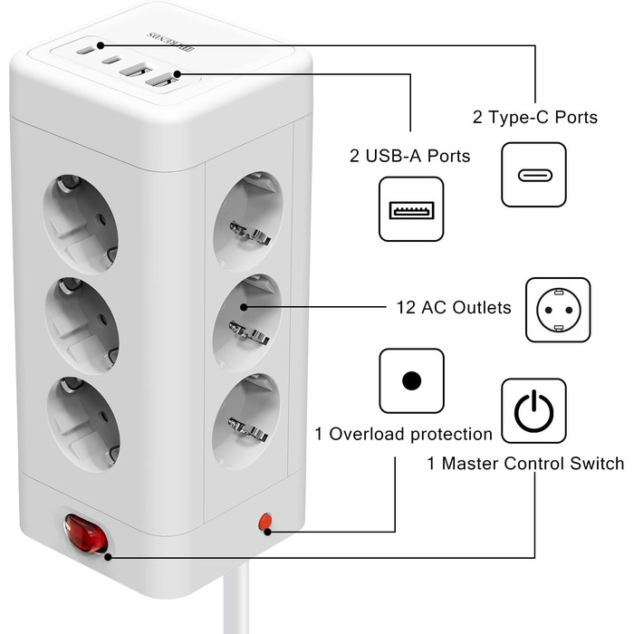 Блок розеток з USB-C, 4 розетки, плоский штекер, індивідуальне вмикання, куб з 2м плетеного кабелю для офісу, дому, подорожей - Білий 002-MF (12 розеток 2M - Білий)