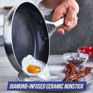 Набір сковорідок Blue Diamond Triple Steel, 2 шт, 24 і 26 см, багатошарові, з діамантовим керамічним антипригарним покриттям, нержавіюча сталь, PFAS-вільні, для індукції, посудомийної машини та духовки, сріблясті