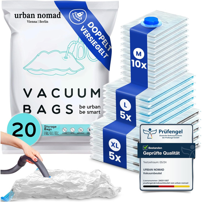 Vacuum Bags for Clothes - 20 Piece Set, 3 Sizes - Vacuum Bags for Vacuum Cleaners, Reusable, 100% Airtight & Robust | Travel Compression Bags, Garment Bags, Storage Bags, Vacuum Pouches, Clothes Sack XL