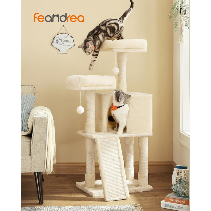 Драбина-кіготь Feandrea для котів, 115 см, бежева, з платформою та м'яким плюшем, повністю обмотана сизалем, PCT141W01