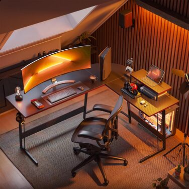 Ігровий стіл CubiCubi L-подібний 120x120 см з моніторною підставкою, кутовий комп'ютерний стіл з вуглецевого волокна, чорний, компактний, легка збірка