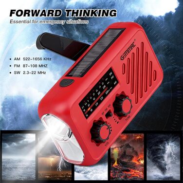 Радіоприймач Kurbelradio з навушниками, AM/FM/SW, сонячне аварійне радіо, 2000mAh Power Bank, радіо на батарейках, будівельне радіо з всесвітнім приймачем, ліхтарик SOS для аварійного обладнання 297-Red