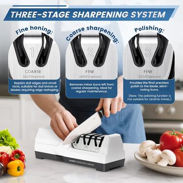 Електричний точило для ножів професійний 3-х ступінчастий з захистом від перегріву, тихий мотор, швидке заточування кухонних ножів (білий)