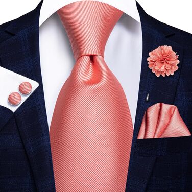 Комплект краваток для чоловіків Hi-Tie: краватка, нагрудна хустинка, кравецькі шпильки, запонки, формальний шовк, для весілля та свят (кораловий)
