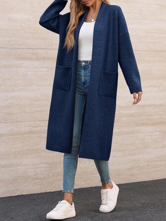 Жіноча в'язана жилетка Fisoew, довгий кардиган, великий розмір XL, відкритий фасон, з кишенями (темно-синій)