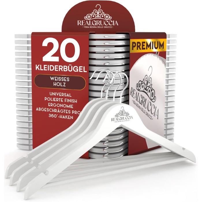 20 Wooden Clothes Hangers with Anti-Slip Grooves, RealGruccia White Color - For Trousers, Suits and Shirts - Trouser Bar, Polished Surface, Swivel Hook and Angled Profiles - 22x45cm