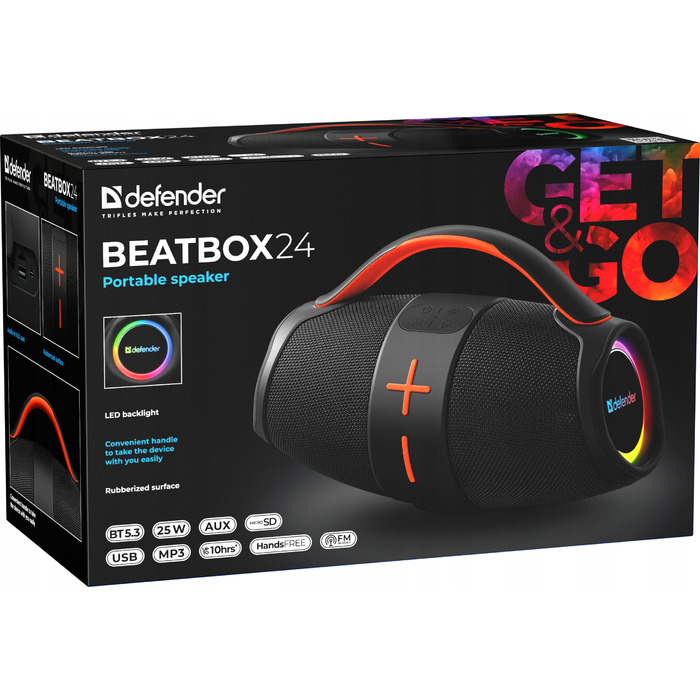 Bluetooth-колонка Defender BEATBOX 24, 25 Вт, MP3, AUX, SD, USB, TWS, LED, чорна