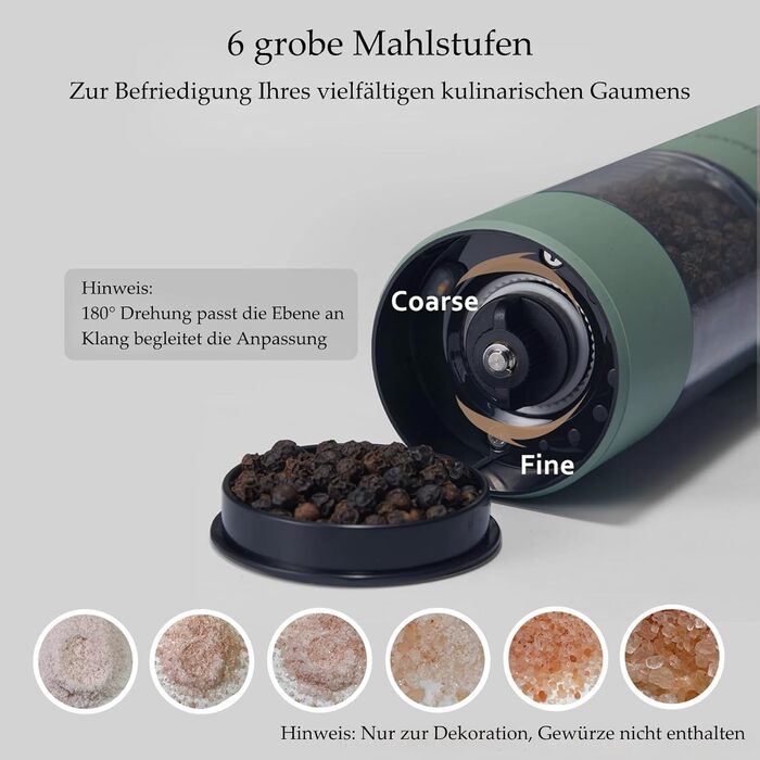 Електрична мельниця для солі та перцю, USB-зарядка, автоматична, регулювання помелу, LED-підсвітка, наповнювана, кухонний аксесуар (1 шт, салатовий)