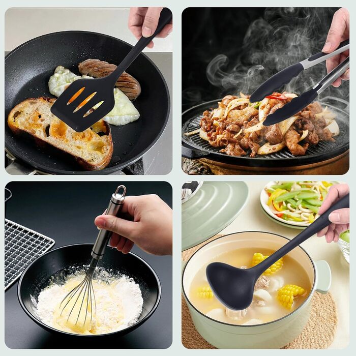 Набір кухонних помічників 43 шт. Силіконовий набір лопаток для приготування їжі, стійкий до високих температур та з антипригарним покриттям. Набір кухонних аксесуарів бежевого кольору з контейнером, гачком для зберігання, придатний для миття в посудомийні