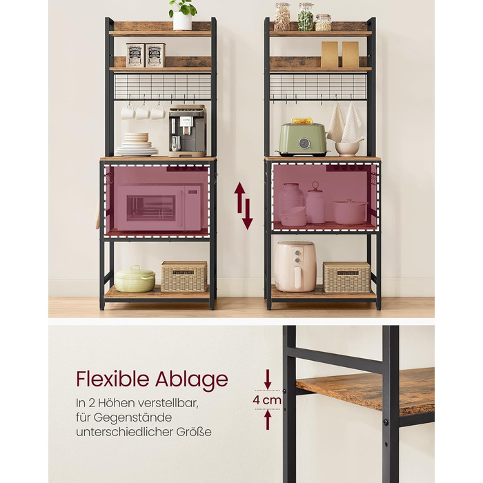 Стелаж кухонний VASAGLE з розетками, для мікрохвильової печі, з решіткою, 14 гачків, антрацит-чорний, 40x60x170 см, вінтажний коричневий + чорний