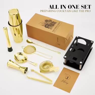 Boston Shaker Set - 10-Piece Stainless Steel Cocktail Shaker Set with Acrylic Base, Hawthorne Strainer, Ice Tongs, Bar Spoon, Jigger, Muddler - Perfect for the Home Bar (Gold)