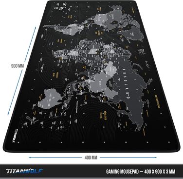 Килимок для миші TITANWOLF XXL Gaming з картою світу, 900x400x3 мм, чорний