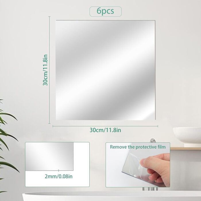 6 дзеркал самоклеючих, 30 x 40 см, акрилові, для стін та шаф, 6 шт.