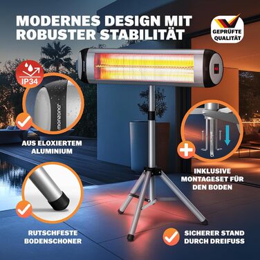 Інфрачервовий обігрівач MONZANA® MZH2501 з таймером, 2500W, 3 режими, 24 год, пульт ДУ, кут нахилу 90°, електричний, для тераси (сріблястий, з телескопічним штативом)