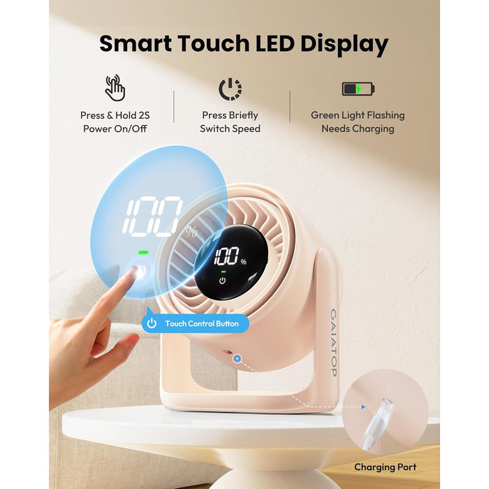 Настільний вентилятор Gaiatop з керуванням Touch, акумулятор 4000 mAh, 5 швидкостей, тихий міні-вентилятор з LED-дисплеєм, нахил 90°, зарядка через USB-C, для офісу, спальні, дому (Рожевий)