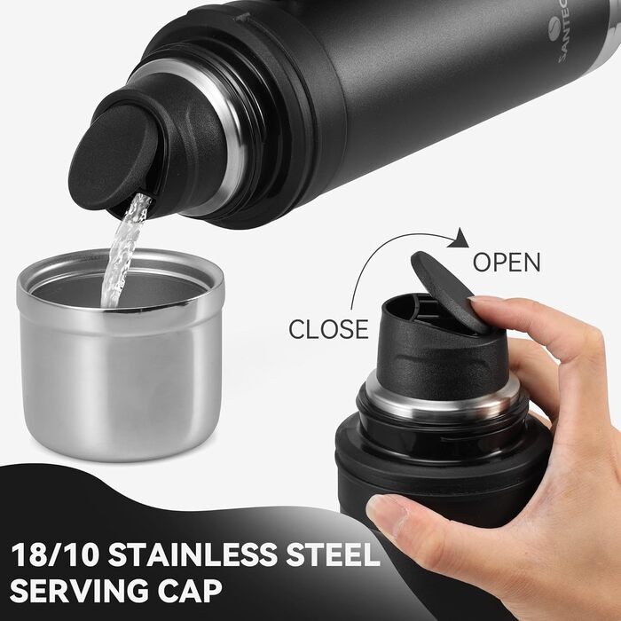 SANTECO 1L Stainless Steel Thermos Flask with Cup - Insulated Leakproof Travel Thermos for Hot & Cold Coffee & Tea - BPA Free