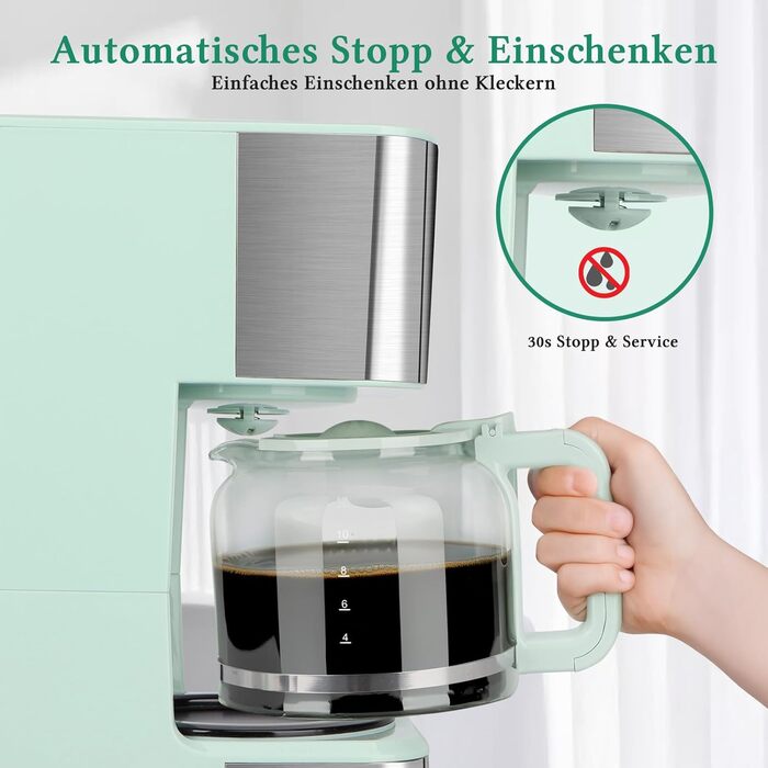 Кавомашина Taylor Swoden Darcy 950W з таймером, 1.5л, 12 чашок, автоматичне відключення, захист від протікання, багаторазовий фільтр, BPA-free, зелена