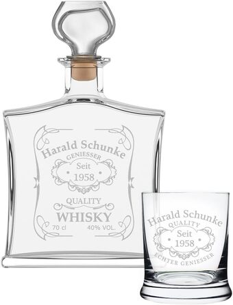 2-Piece Gift Set with Whiskey Bottle and Whiskey Glass - Elegant Glass Carafe Capacity: 700ml - with Engraving Motif Quality Whisky