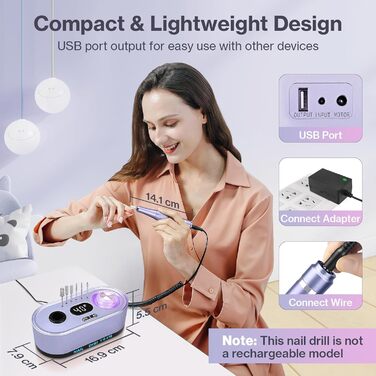 Електрична нігтьова фрезерна машинка для манікюру та педикюру, 40000 об/хв, LCD дисплей, професійний набір, фіолетовий