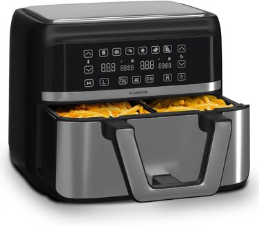 Klarstein Hot Air Fryer, Air Fryer with 2 Chambers, 2850W Compact Hot Air Fryer, 9L Air Fryer with Touch Control Panel, Timer, Preheating, 6 Modes, Large Hot Air Fryer, Air Fryer XL Black Duo Elegance