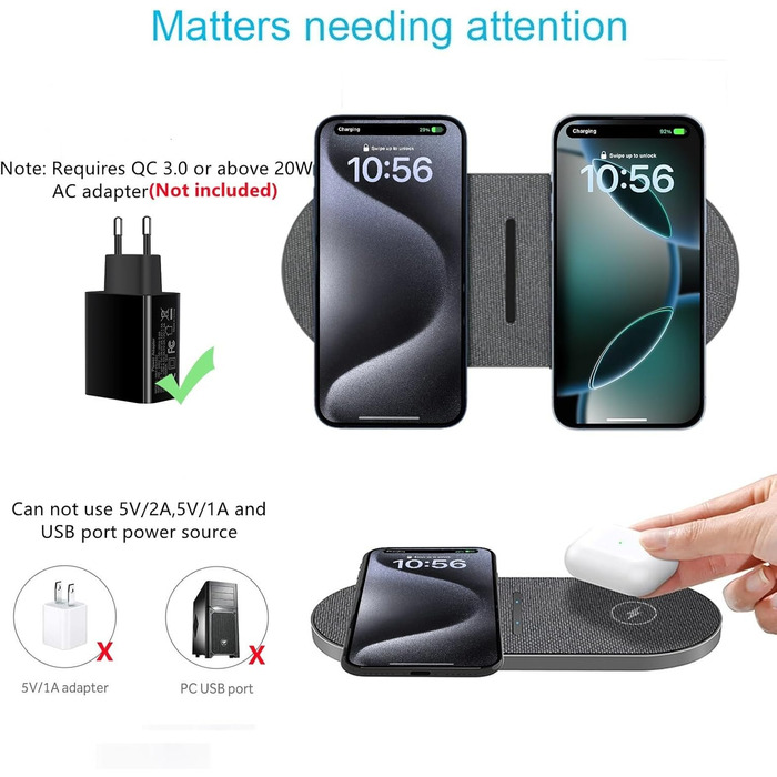 Бездротова зарядка 40W 2 в 1 для iPhone, Samsung, AirPods: швидка зарядка для iPhone 17/16/15/14/13/Pro/Pro Max, AirPods 4/3/Pro, Galaxy S25/Galaxy Buds (сірий)