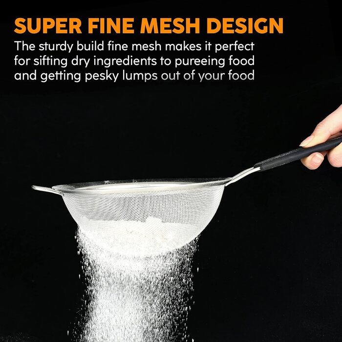 Набір сит Jojeys 3 шт. різних розмірів - металеві сита з нержавіючої сталі, дрібний фільтр - кухонне сито з нержавіючої сталі для приготування їжі, випічки - безпечне для миття в посудомийній машині (20 см з гумовою ручкою)