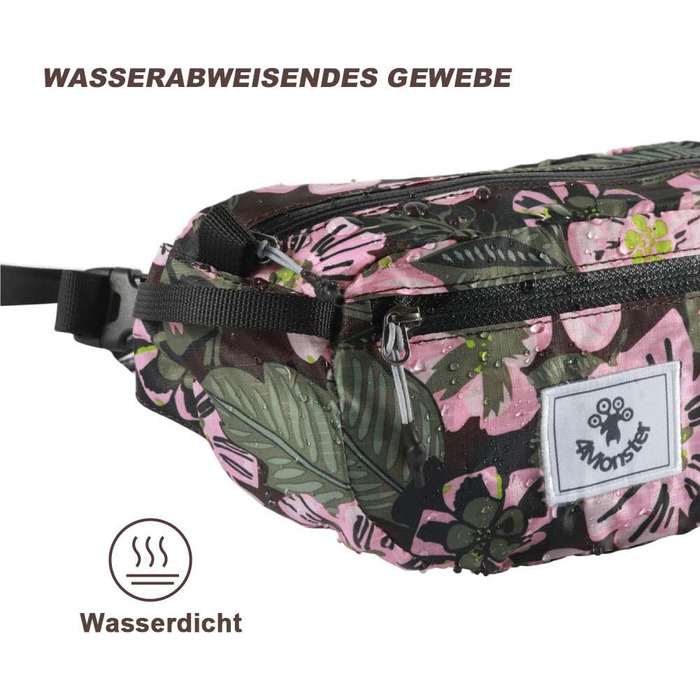 Водонепроникна поясна сумка 4Monster для чоловіків та жінок, 2L, армійний зелений/квітковий рожевий, для подорожей, спорту та активного відпочинку