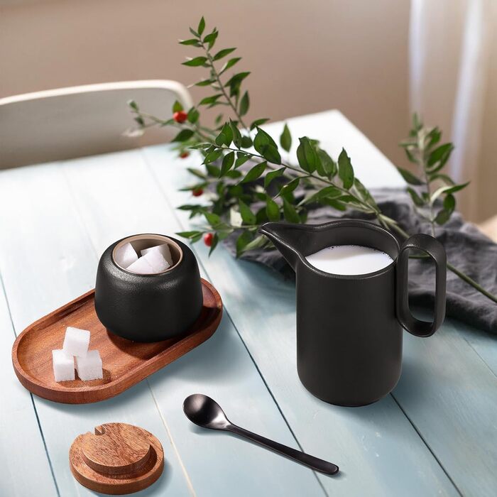 Набір для молока та цукру Ecooe: молочник і цукорниця з кришкою та металевою ложкою, кераміка, чорний колір