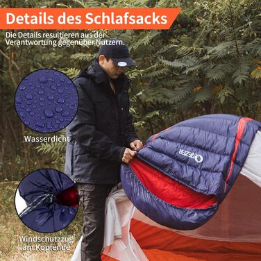 QEZER Ultralight Down Sleeping Bag - 8°C to -3°C for Camping, Hiking & Trekking - 3 Season Sleeping Bag (Blue)