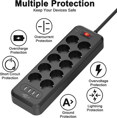 10-ти портова мережева розетка з вимикачами, KEPLUG, 4 USB, захист від перенапруги, для стіни, 2 м, чорна