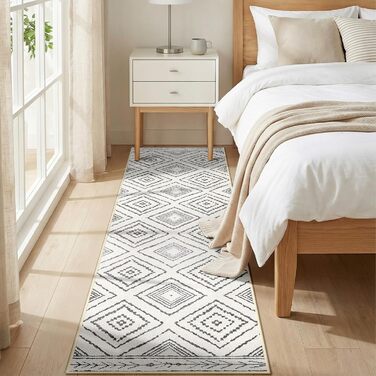 Килимок-довгий килим для коридору 60 x 180 см, неслизький для кухні, з коротким ворсом, пральний, складаний, у стилі бохо – для коридору, кухні, вітальні та офісу, чорно-білий 60 x 180 см