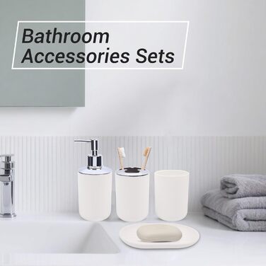 Набір аксесуарів для ванної кімнати (4 шт) з пластику: тримач для зубних щіток, стаканчик, дозатор мила, мильниця. Білий колір