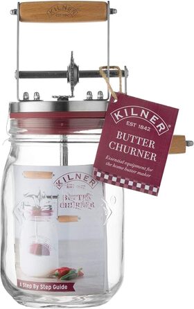 Kilner Butter Churn with Crank Handle made of Glass, Stainless Steel, and Wood in Silver-Dark Red-Brown 1L, 0025.348
