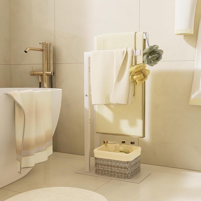 Підставка для рушників Yawinhe Freistehend, підставка для рушників стояча з нержавіючої сталі, 2 стійки, полиця для одягу у ванну кімнату, білий, 40x20x80 см, SMJ003W