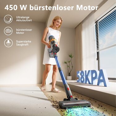 Бездротовий акумуляторний пилосос з дисплеєм та LED-підсвіткою, 58000Pa, Anti-Tangle-щітка, самостійна парковка, зарядка від стіни (блакитний)