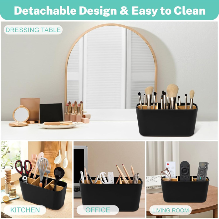 Підставка для зубних щіток з бамбуковими перегородками, органайзер для зубних щіток на 4 відділення + місце для пасти, чорний