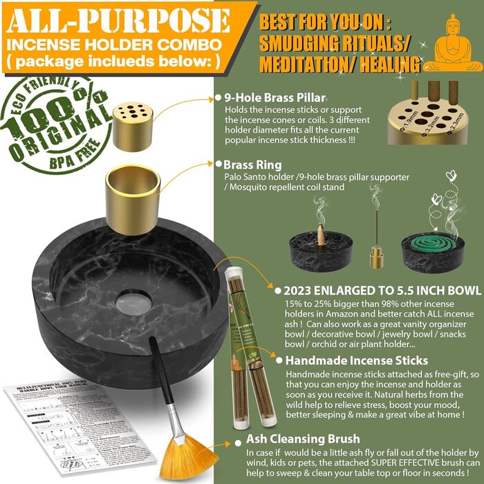 Incense Holder, Marble Incense Burner 2023 Upgraded Large incense holder for incense cones, Palo Santo cones, incense ash catcher with incense sticks as a gift (Black)