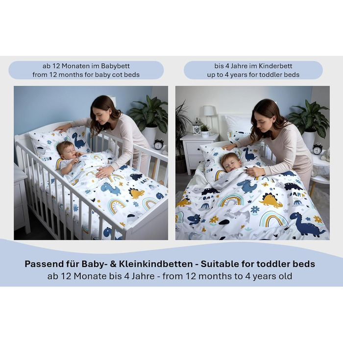 Комплект постільної білизни для ліжечка малюка Kinderbettwäsche: комплект постільної білизни для дитячого ліжечка з бавовни, розмір 100x135 см та 40x60 см, з динозаврами (Dinosaurier Dino), сертифікат Öko-Tex Standard для хлопчиків та дівчаток