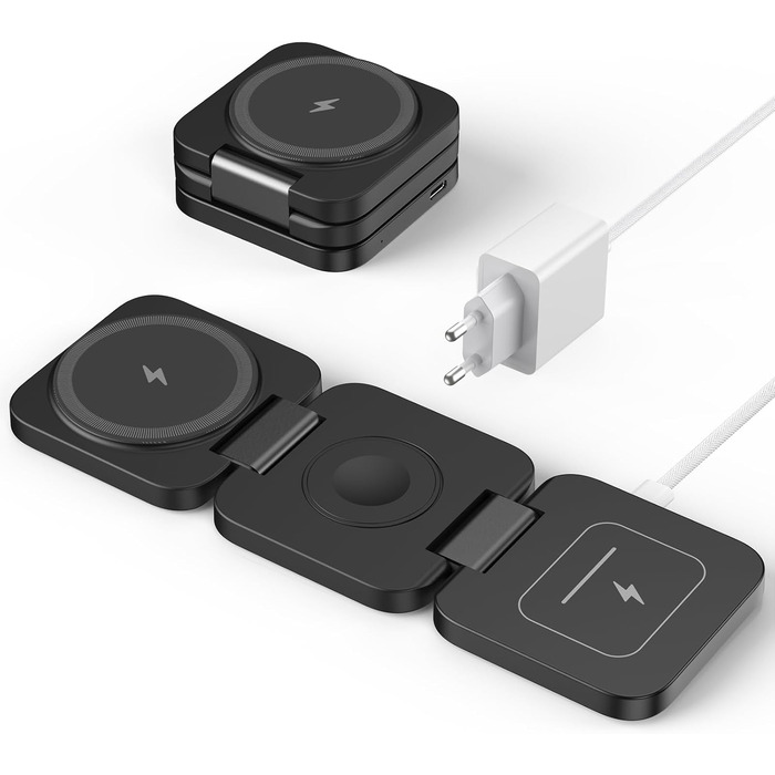 KU XIU Бездротова зарядна станція 3-в-1 MagSafe для iPhone 17/16/15/14/13/12, Apple Watch, AirPods. Складний зарядний пристрій для подорожей, чорний + адаптер