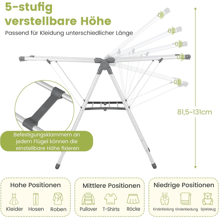 Стійка для сушіння білизни COSTWAY розкладна, сушилка для одягу висувна, з регульованою висотою та крилами, з полицею для взуття, для дому та вулиці (оновлена версія)