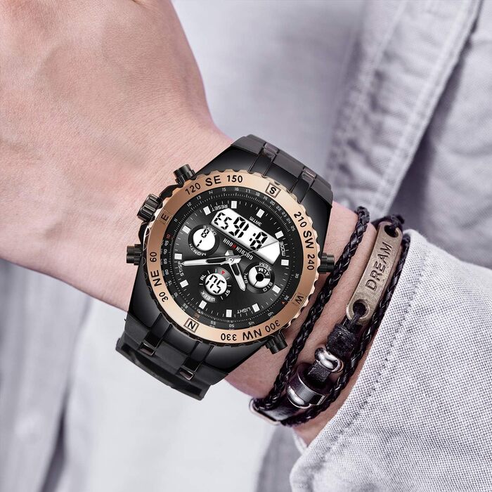 Чоловічий військовий годинник: цифрові та аналогові функції, водонепроникність, дата, будильник, світіння, секундомір. Великий годинник для чоловіків (Rose Gold B)