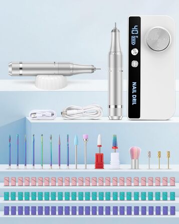 Електричний фрезер для нігтів з LCD дисплеєм, 40000 об/хв, 15 насадок, для манікюру та педикюру, F/R напрямок обертання, для салону та дому (білий)