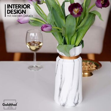 Керамічна ваза в стилі бохо для квітів, пампасів, сухоцвітів, H22см - білий мармур, з золотим обідком. Декоративний елемент, сучасний дизайн